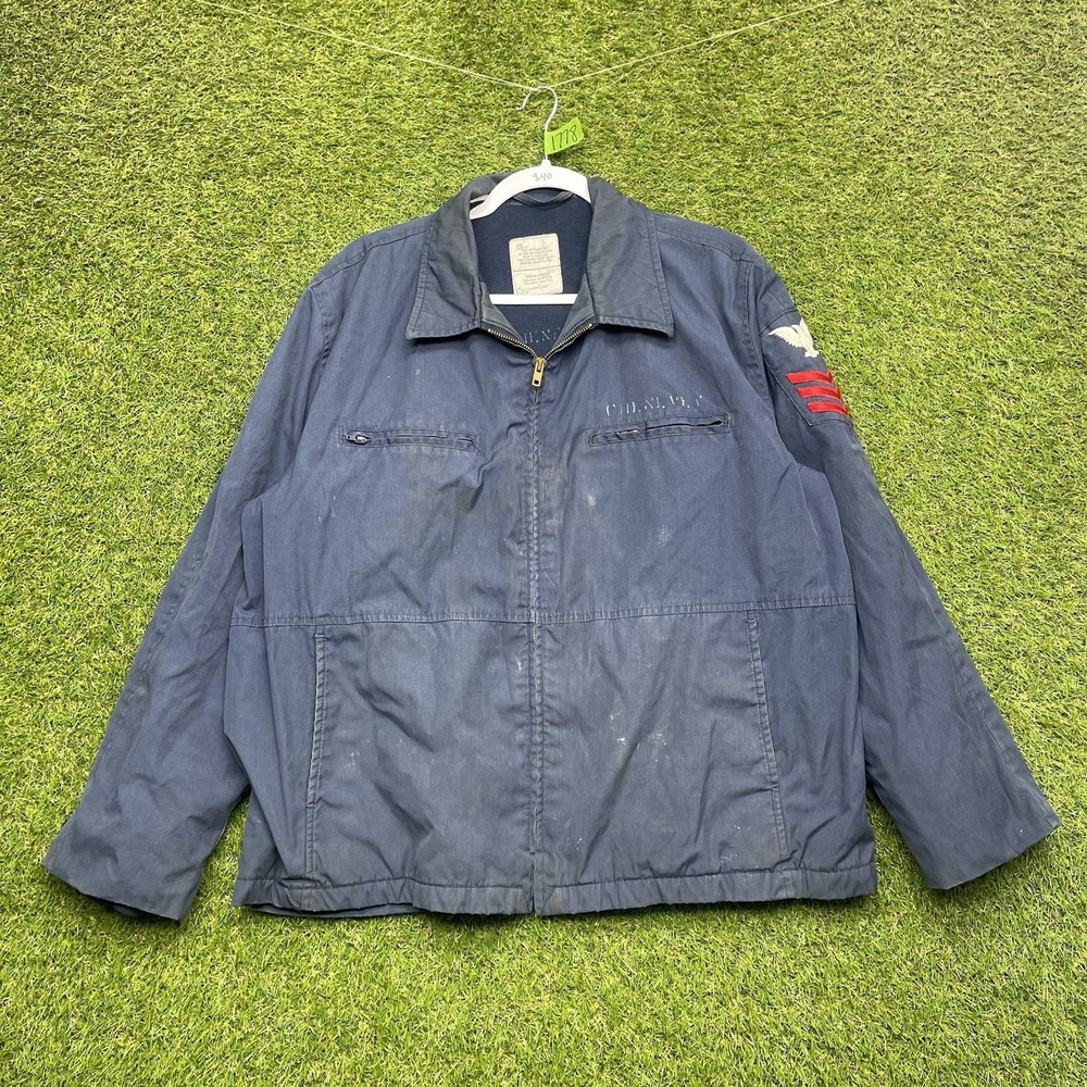 Vintage US Navy Deck Jacket Mens Size 44 Blue Stencil 80s Military USN Zip Up